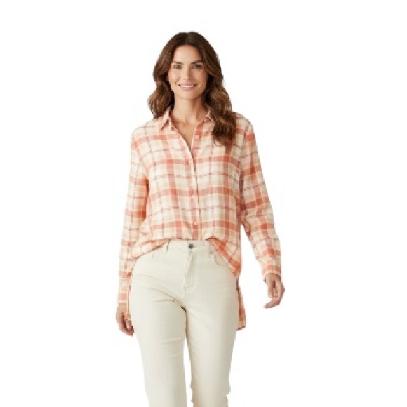 Equipment Tops - Equipment Femme Silk Cream with Peach Plaid Long Sleeve Blouse Size Large